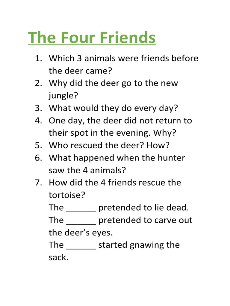 Kindergarten worksheet featuring The Four Friends poem by A.A. Milne with simple questions