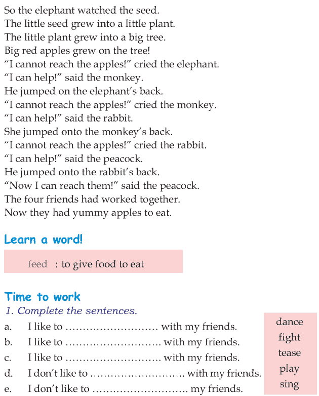 Kindergarten worksheet featuring The Four Friends poem by A.A. Milne with simple comprehension questions