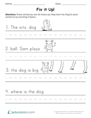 Kindergarten Fix it Up worksheet for reading practice with colorful illustrations