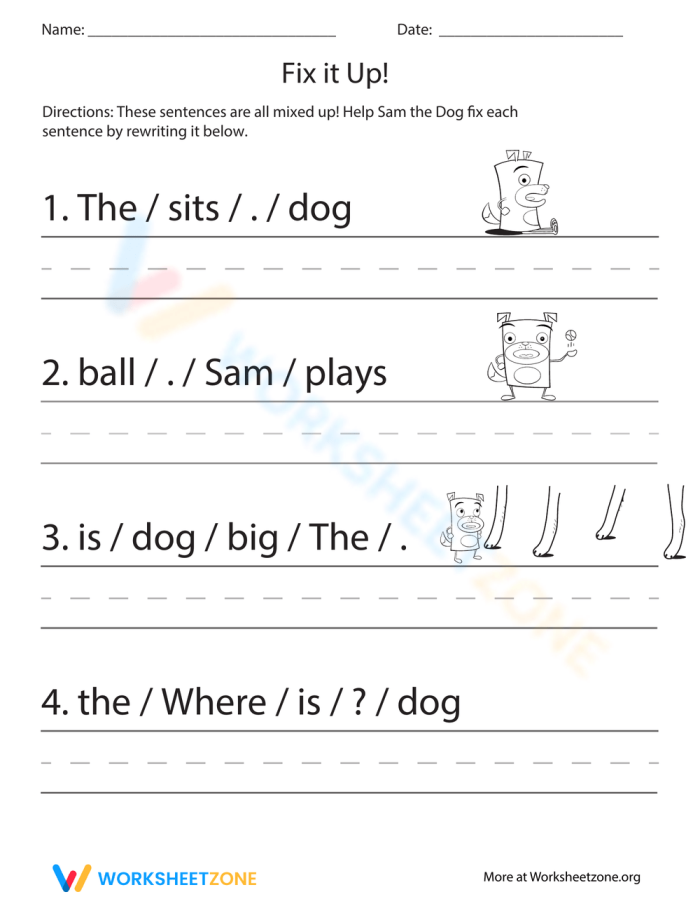 Kindergarten Fix it Up worksheet page for reading practice