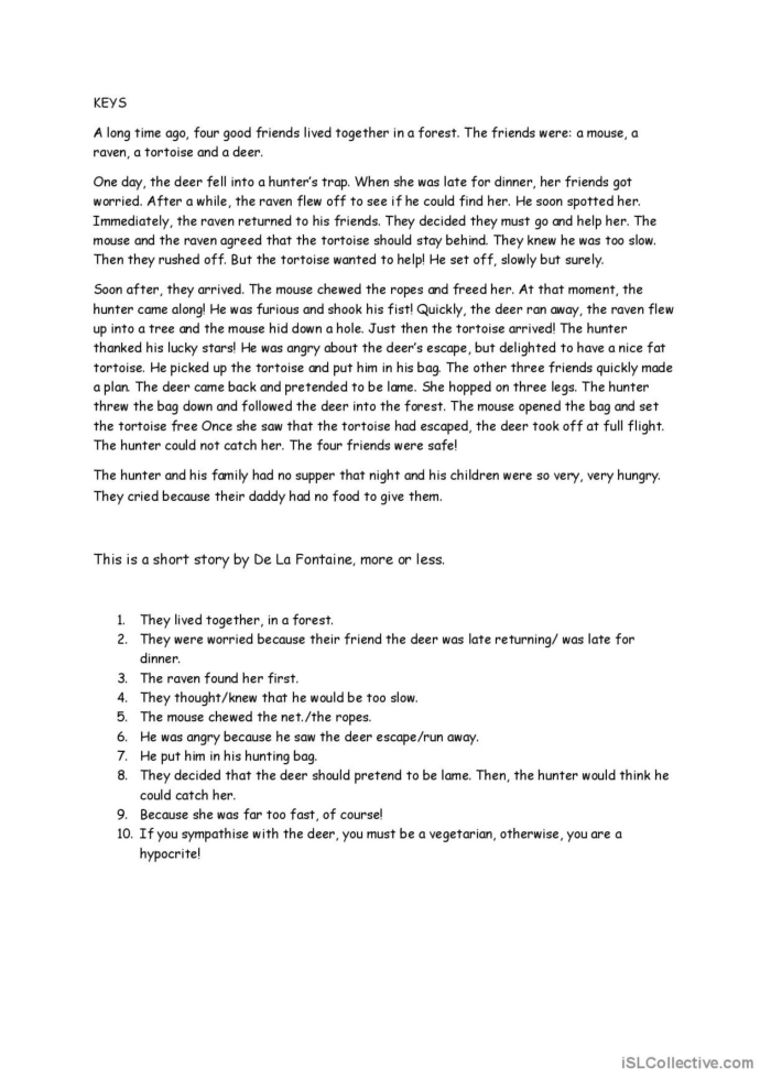 Kindergarten worksheet featuring A.A. Milne's poem The Four Friends with reading questions
