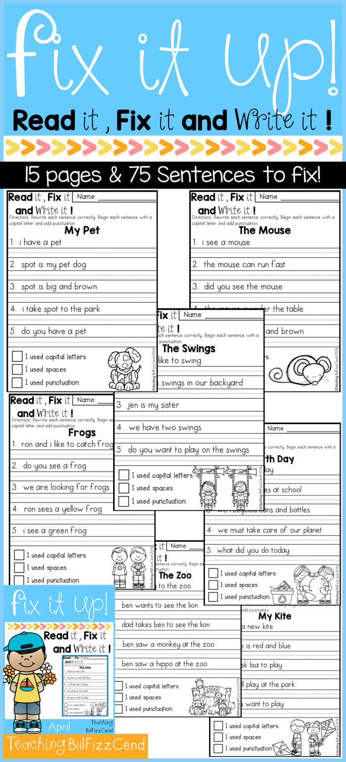 Kindergarten Fix it Up worksheet for reading practice with simple sentences