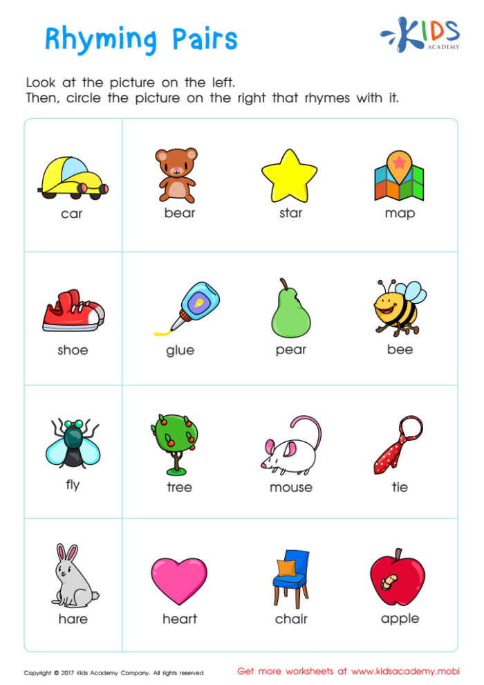 Worksheet featuring rhyming words clues for kindergarten students