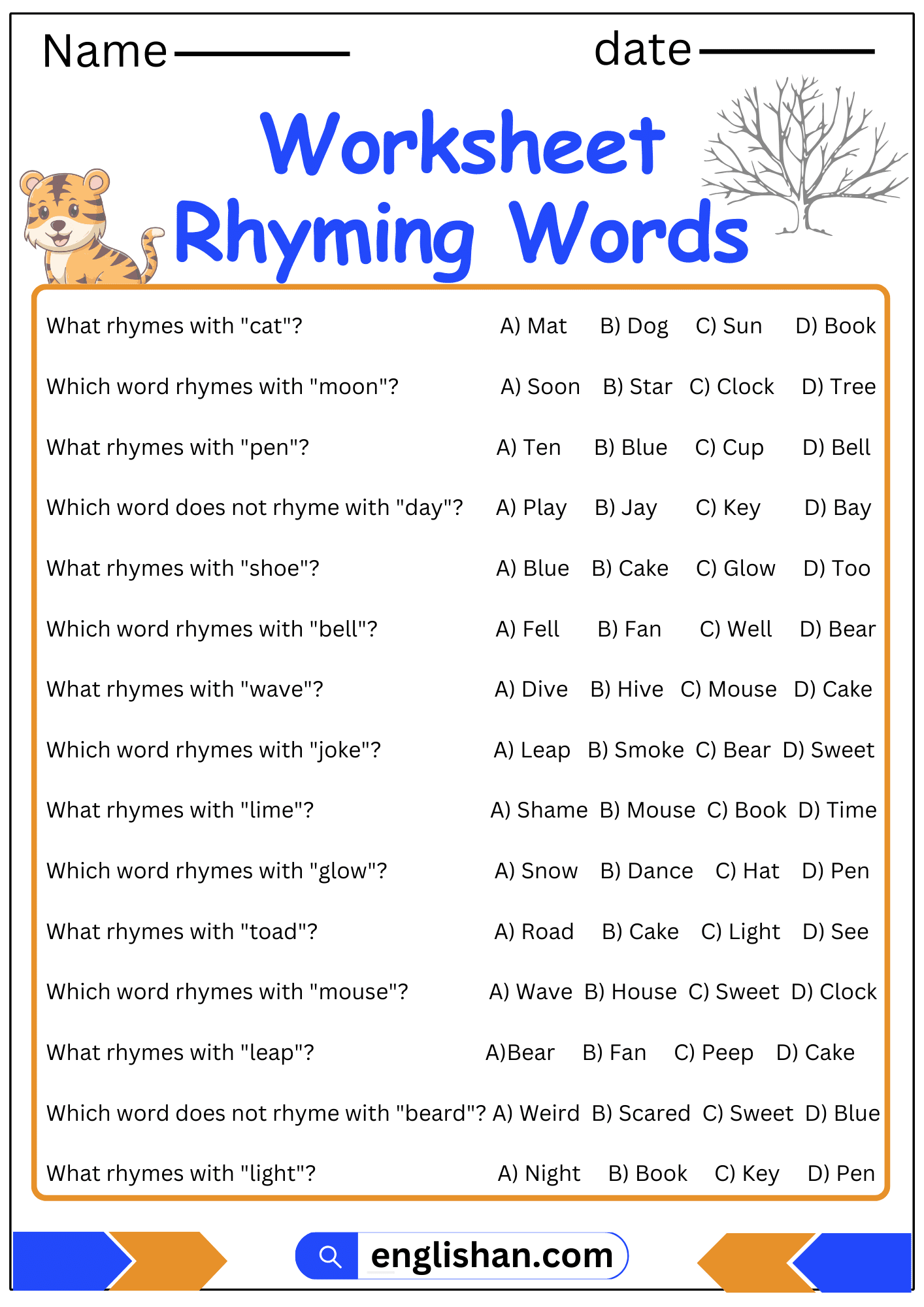 Worksheet for kindergarten phonemic awareness assessment focusing on recognizing rhyming words
