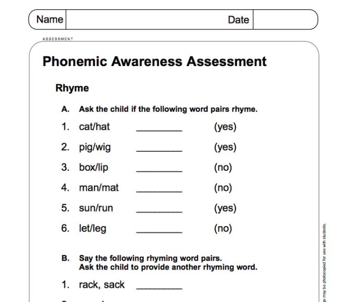 Kindergarten worksheet assessing phonemic awareness through rhyming words