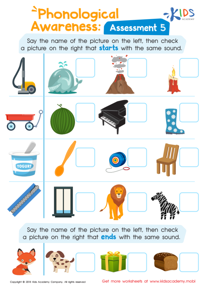 Worksheet assessing kindergarten students' ability to recognize rhyming words in phonemic awareness. Spring Assessment Phonemic Awareness: Rhyming Words worksheet for young learners.