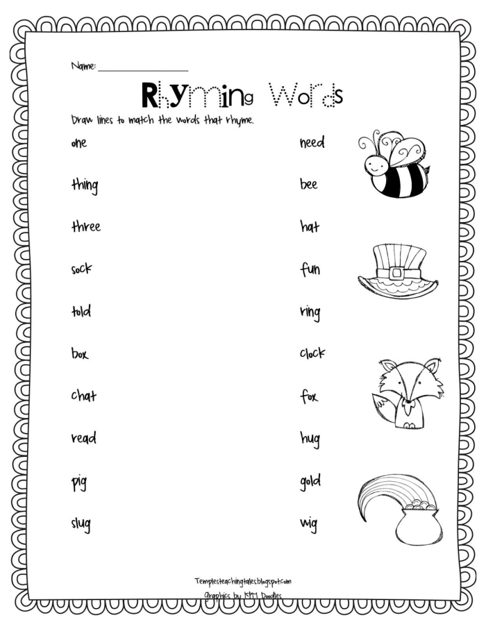 Worksheet featuring rhyming words clues for kindergarten students to identify pictures