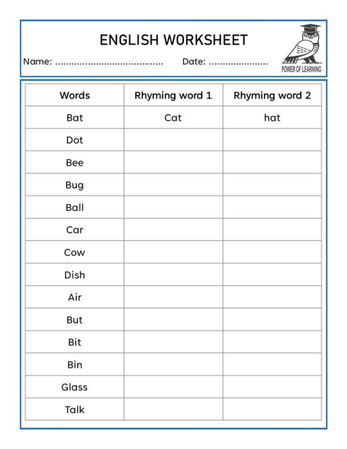 Worksheet featuring rhyming words clues for kindergarten counting activities