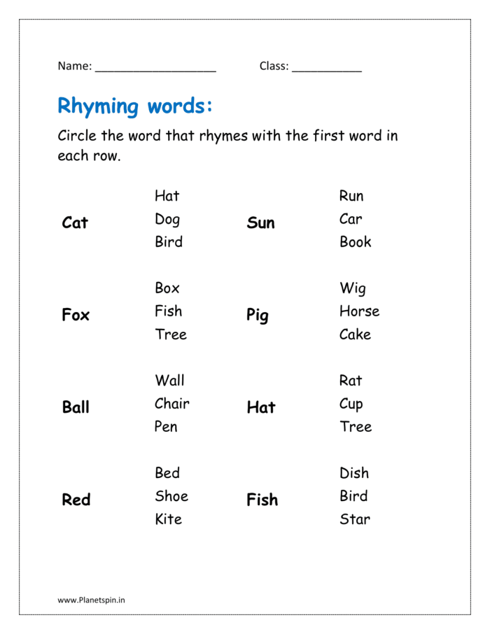 Worksheet featuring rhyming words clues for young learners