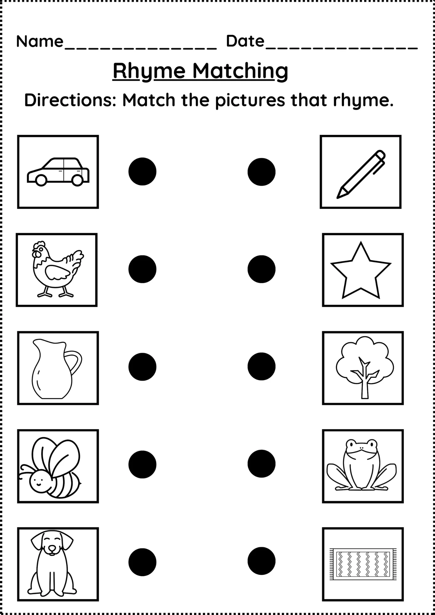 Worksheet featuring rhyming words clues for kindergarten students to identify pictures