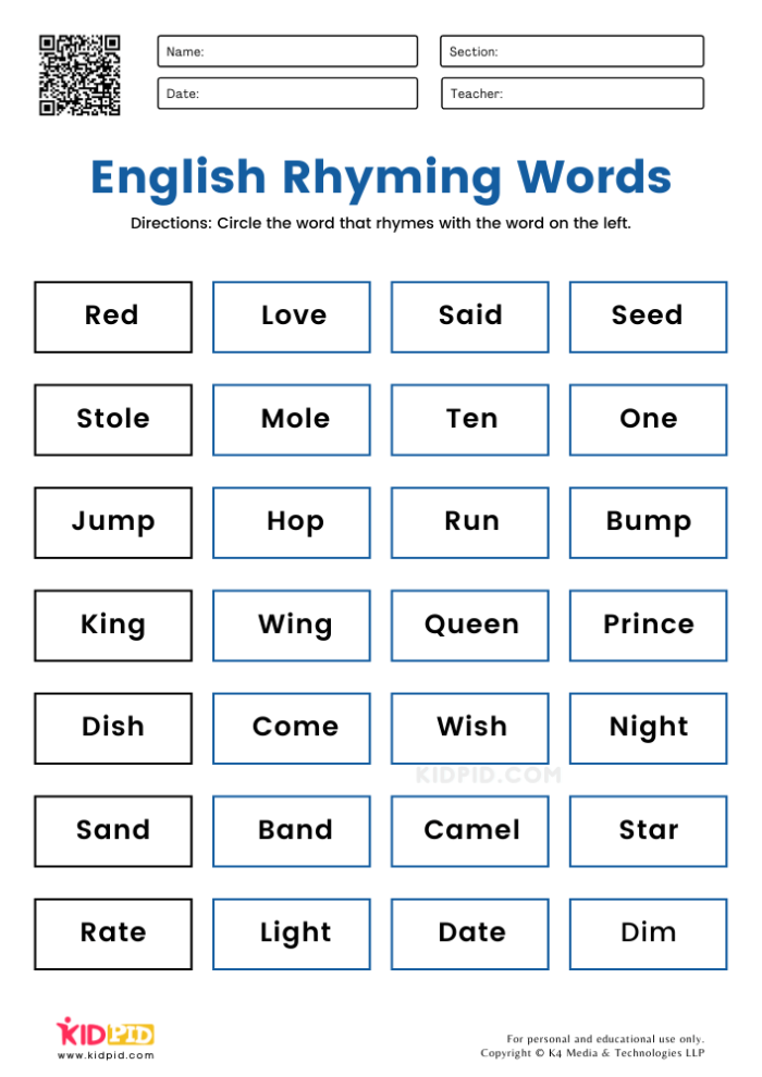 Worksheet featuring rhyming words clues for pictures in a kindergarten lesson