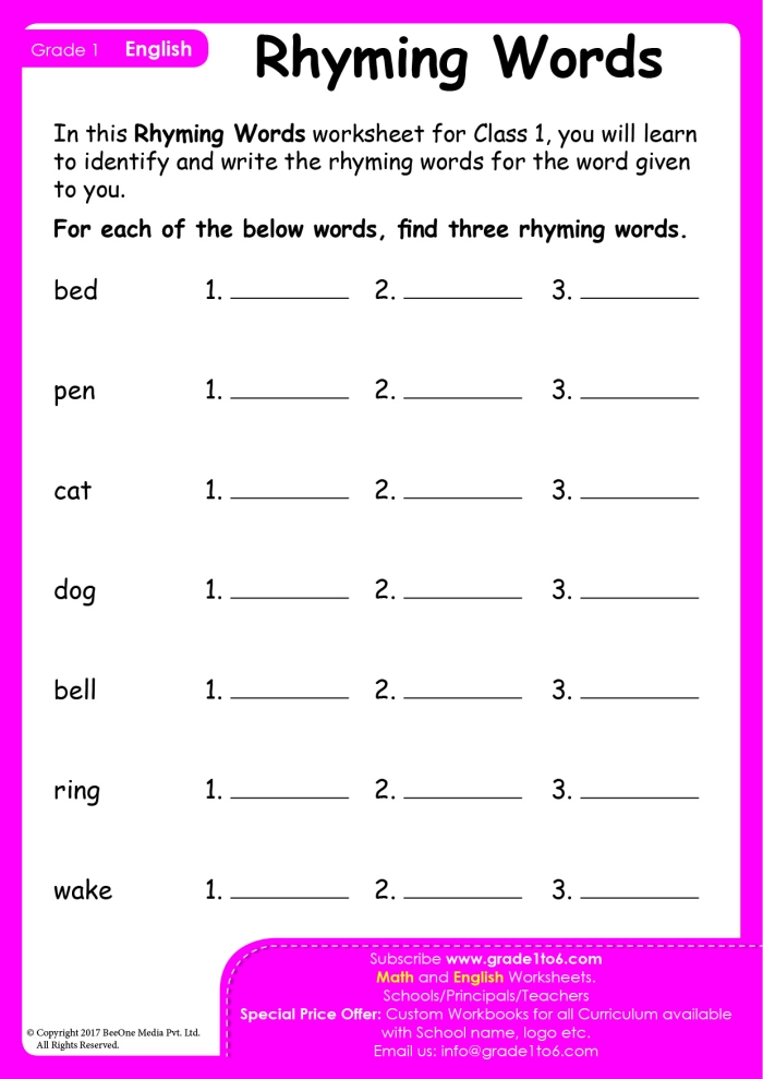 Worksheet showing rhyming words clues with pictures for kindergarten students