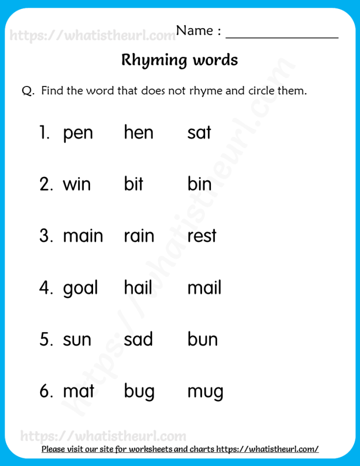 Worksheet featuring rhyming words clues to identify pictures for kindergarten students