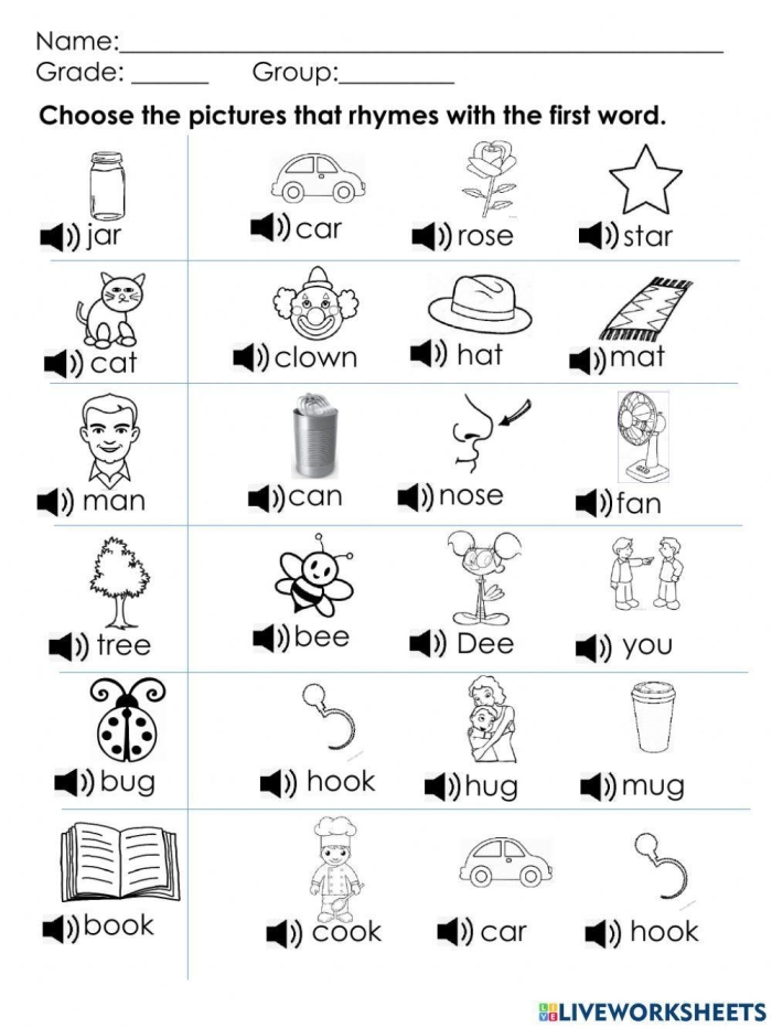 Worksheet featuring rhyming words for kindergarten students to identify pictures