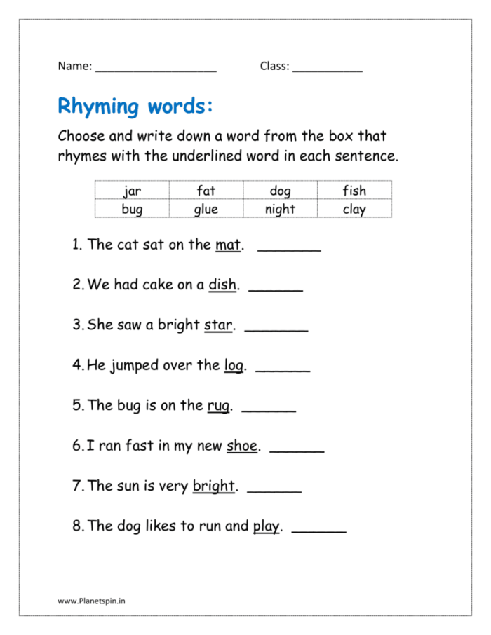 Rhyming Words 1 worksheet for Kindergarten with picture clues to identify rhyming pairs