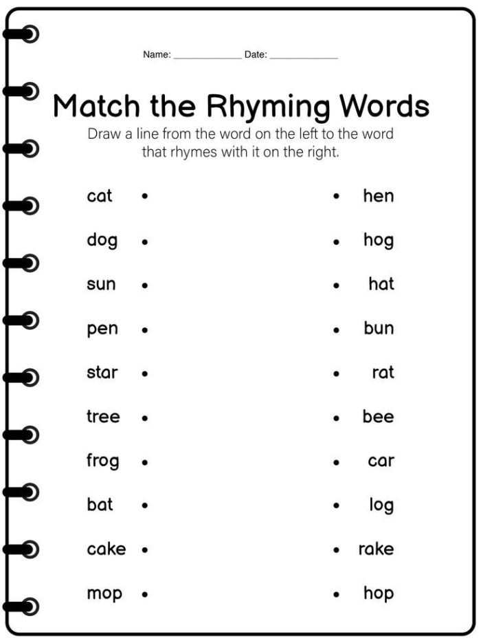 Worksheet featuring rhyming words for kindergarten students to identify pictures