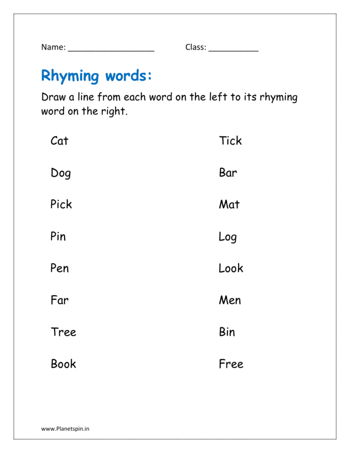 Worksheet featuring rhyming words clues for kindergarten students