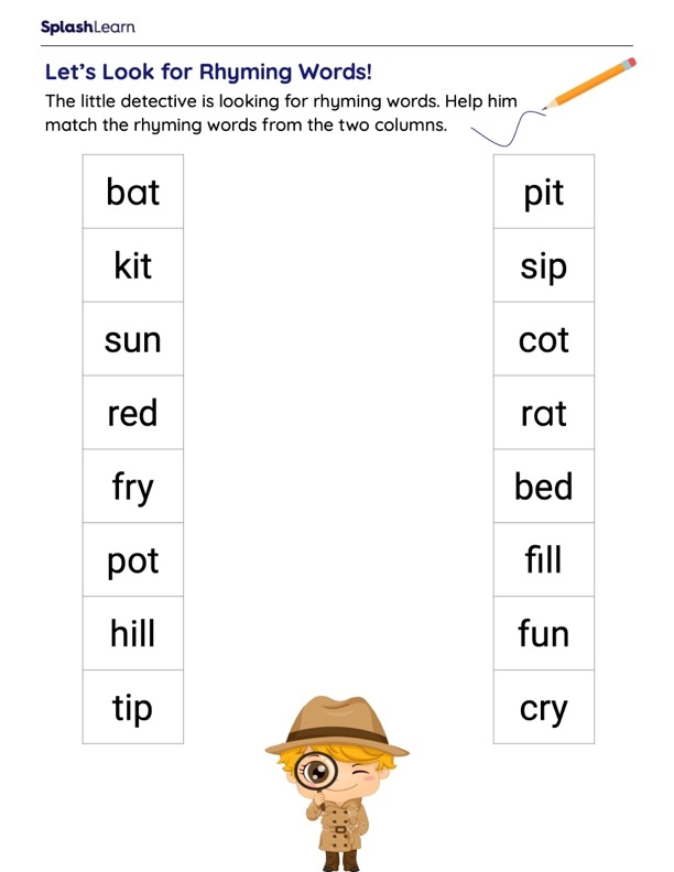 Rhyming Words 1 worksheet for kindergarten with pictures and clues to encourage word recognition