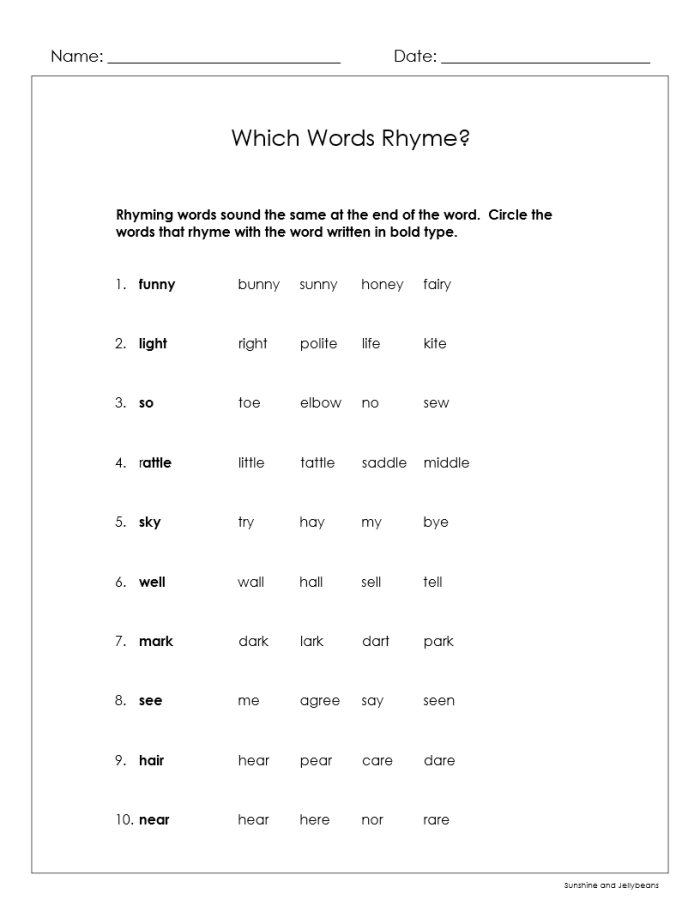 Worksheet featuring rhyming words with pictures for kindergarten counting practice