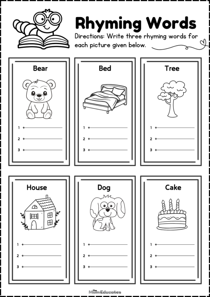 Worksheet featuring rhyming words for kindergarten with picture clues