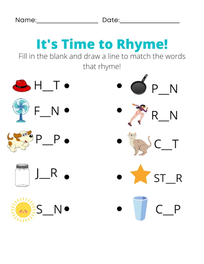 Rhyming Words 1 worksheet featuring various pictures for kindergarten students to identify