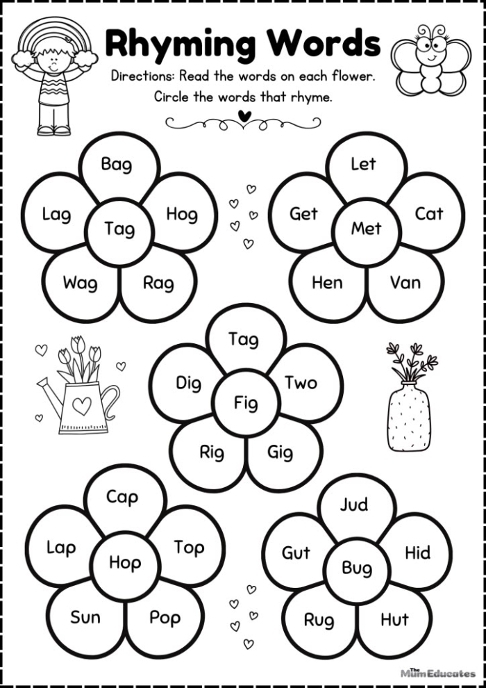 Worksheet featuring rhyming words clues for kindergarten students