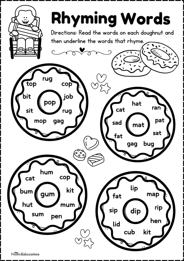 Worksheet featuring rhyming words clues for kindergarten students