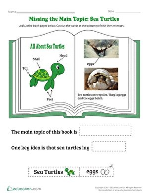 Kindergarten worksheet featuring sea turtles to teach identifying main topics in nonfiction texts