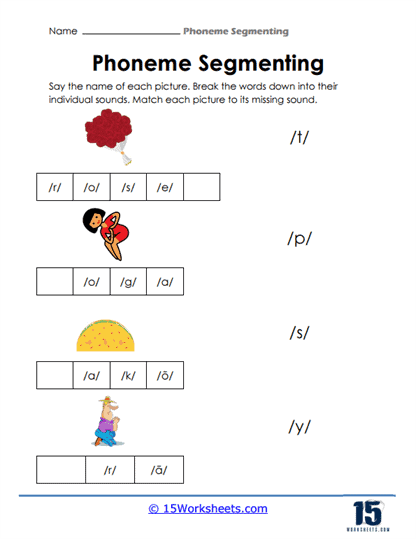 Kindergarten alphabet segmenting worksheet for end of year word study assessment 10 Kindergarten worksheet for segmenting sounds in words at end of year assessment