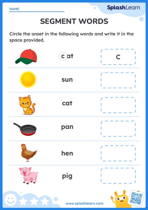 Segmenting sounds worksheet for kindergarten end of year word study evaluation Kindergarten student completing an end of year word segmenting worksheet for assessment