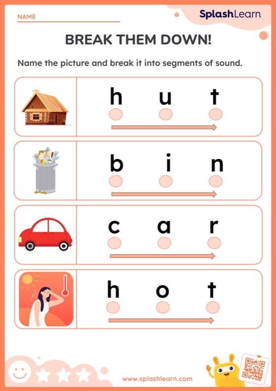 Segmenting sounds assessment worksheet for kindergarten year-end review Kindergarten student completing an end of year word segmenting worksheet