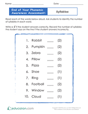 Segmenting sounds worksheet for kindergarten year-end assessment 21 Kindergarten students completing an end of year word study segmenting worksheet