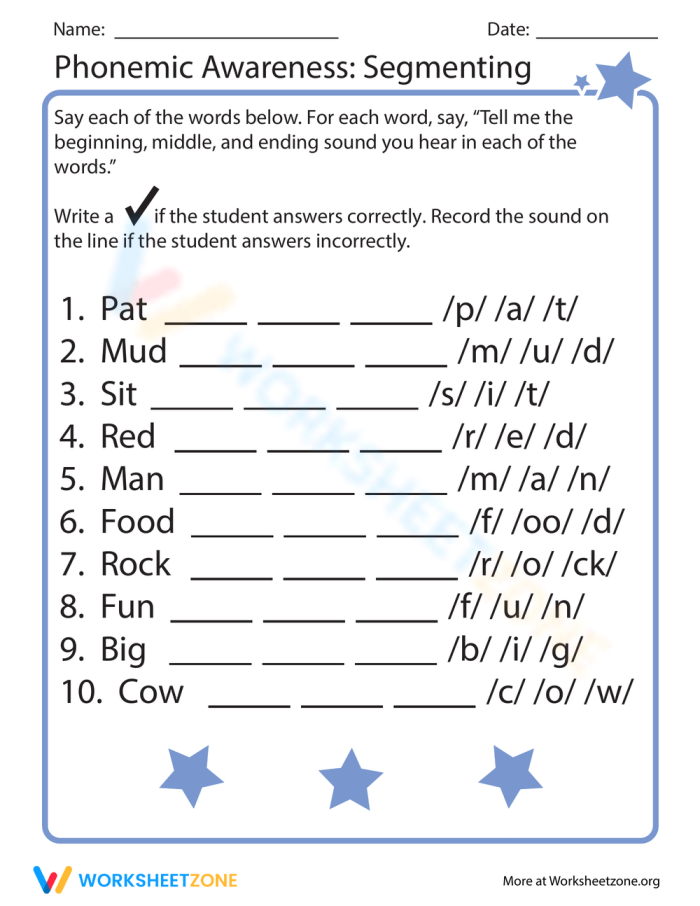 Segmenting sounds worksheet for kindergarten end of year word study assessment 25 Kindergarten student completing an end of year word segmenting worksheet with alphabet letters