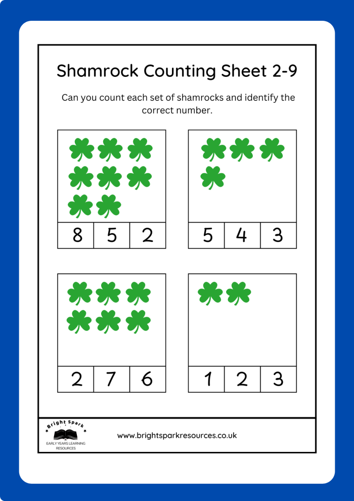 Shamrock Counting Activity for Early Learners Image 13 Kindergarten student counting green shamrocks on a St. Patrick's Day themed worksheet with numbered groups