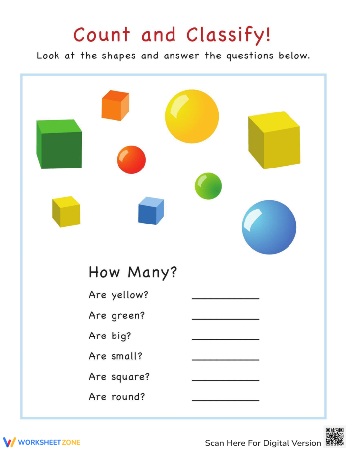 Counting shapes activity for early learners on worksheet number 6 Kindergarten worksheet with various shapes to count and identify