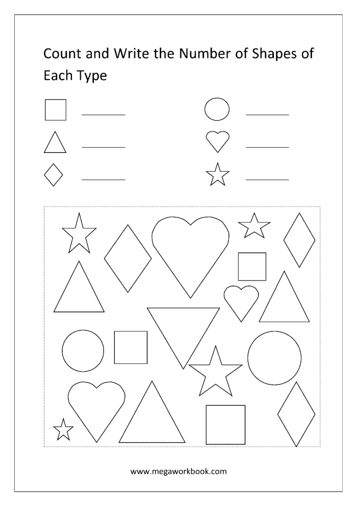 Count the different shapes in this How Many Shapes Are There worksheet 18 Kindergarten worksheet showing various mixed shapes for counting practice