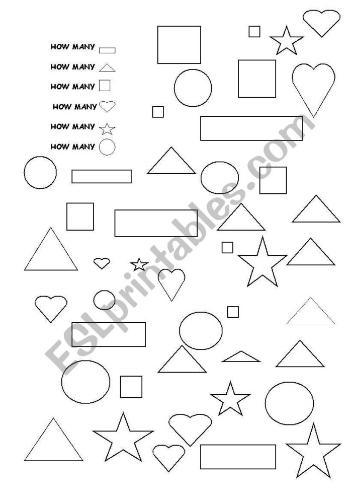 Counting mixed shapes in a fun How Many Shapes Are There activity for young learners 15 Kindergarten worksheet with various shapes for counting practice in the alphabet category