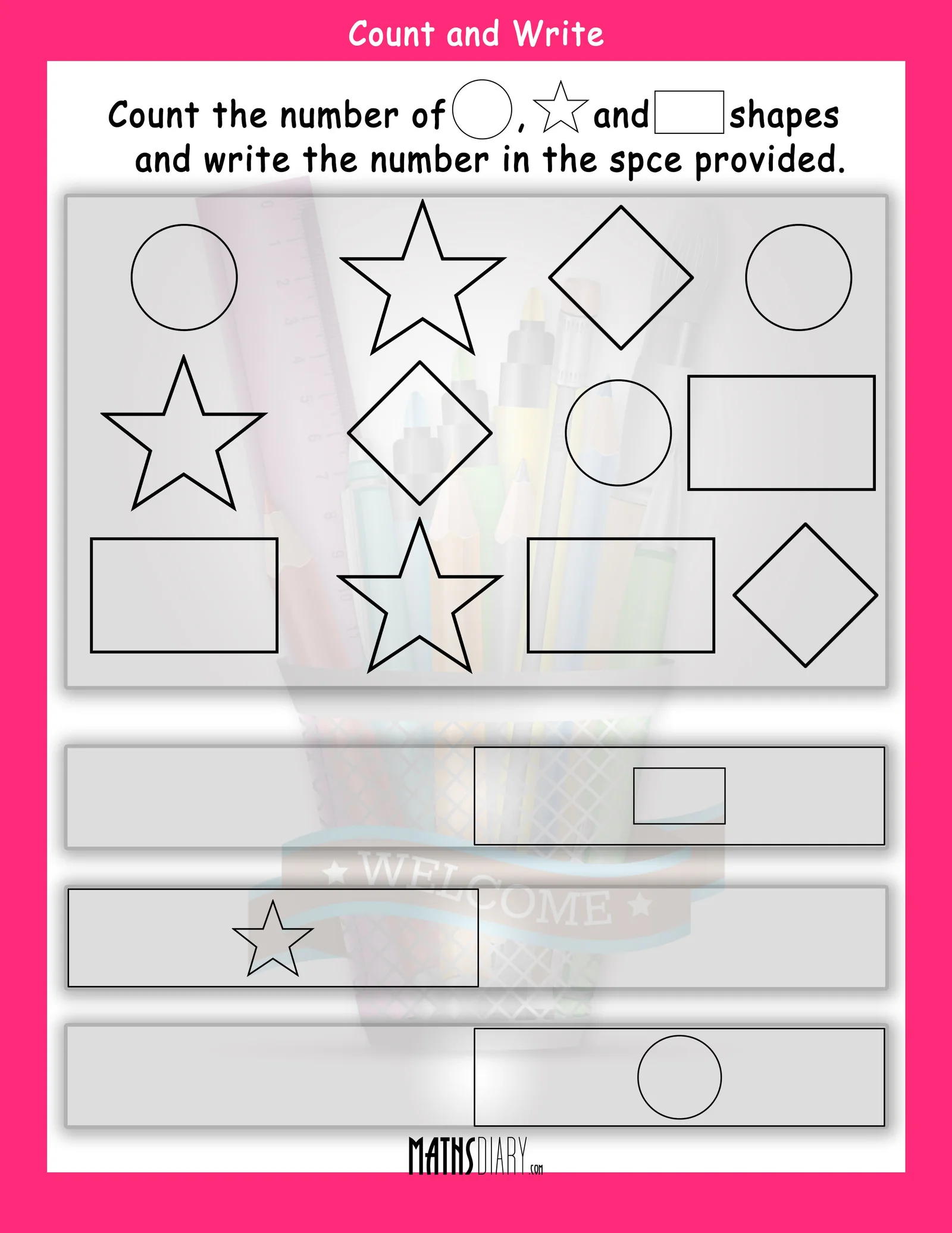 Counting different shapes in the How Many Shapes Are There? activity for young learners Kindergarten worksheet showing various mixed shapes for counting practice