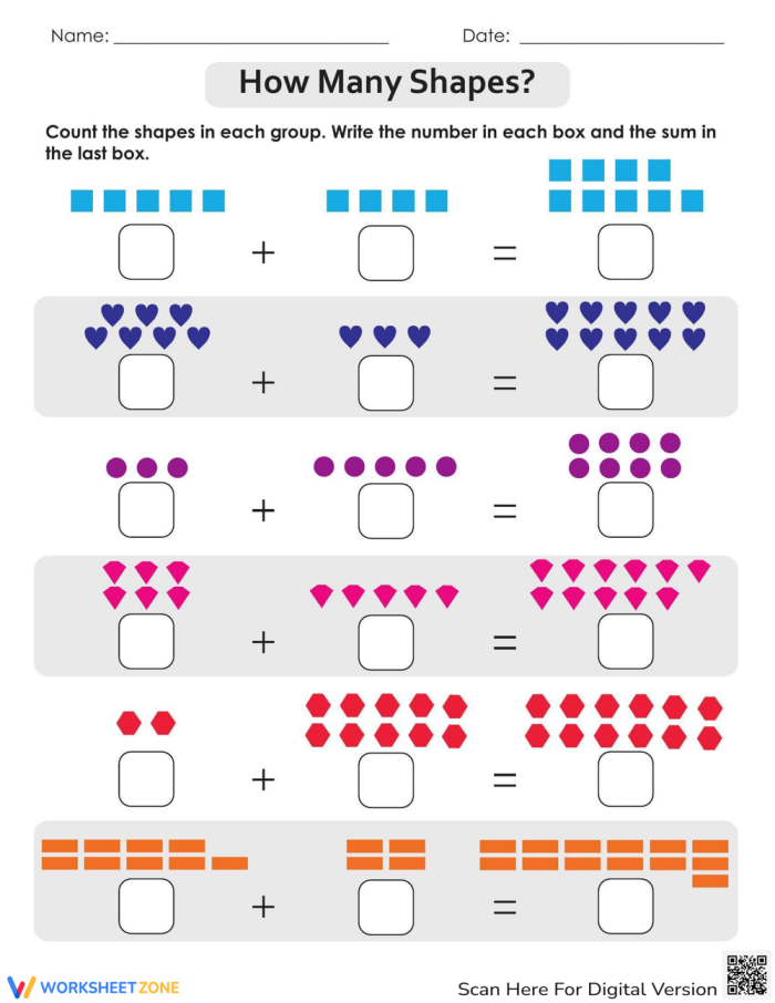 Counting different shapes activity for young learners on a How Many Shapes Are There worksheet 13 Kindergarten worksheet showing various mixed shapes for counting practice