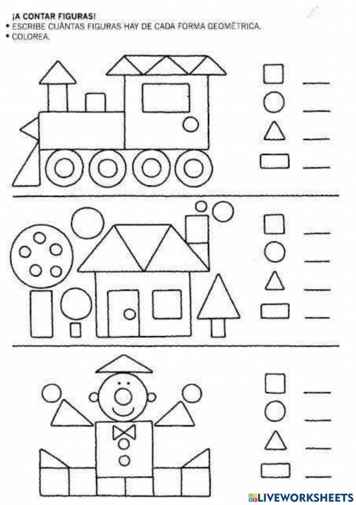 Counting different shapes worksheet for young learners in the alphabet category Kindergarten worksheet showing a variety of mixed shapes for counting practice