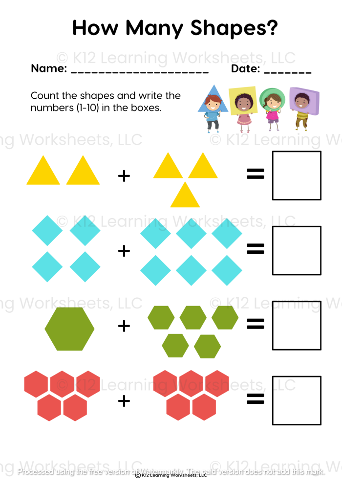 How Many Shapes Are There worksheet for young learners to identify and count shapes 24 Kindergarten worksheet showing a variety of mixed shapes for counting practice