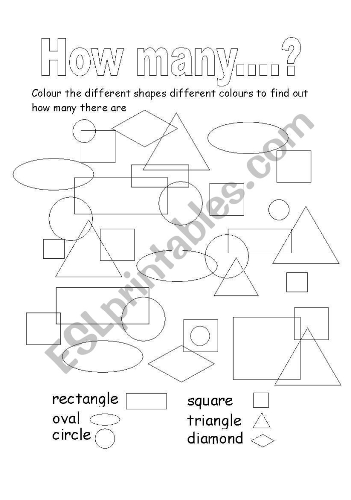Counting different shapes in the How Many Shapes Are There worksheet, image 7 Kindergarten worksheet showing a variety of mixed shapes for counting practice