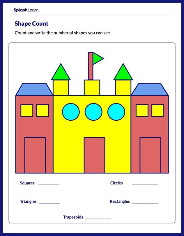 Counting shapes activity for young learners in the alphabet category, image 11 Kindergarten worksheet with various mixed shapes to count and identify