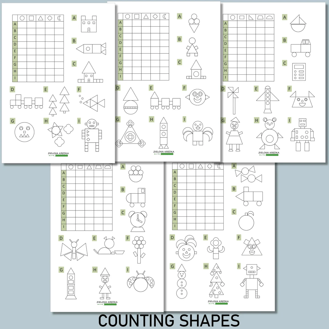 Counting different shapes on a fun how many shapes are there worksheet for young learners Kindergarten worksheet showing various shapes for counting practice in alphabet category