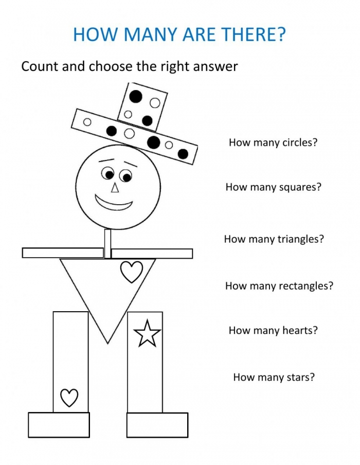 Counting shapes activity worksheet for young learners number 16 Kindergarten worksheet showing various shapes for counting practice