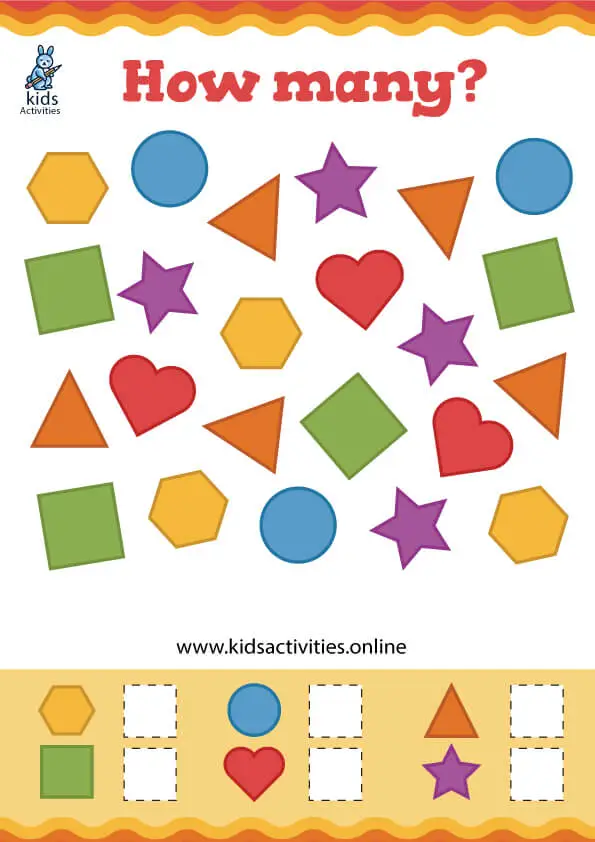 Counting different shapes in How Many Shapes Are There worksheet for young learners Kindergarten worksheet with mixed shapes for counting practice in alphabet category