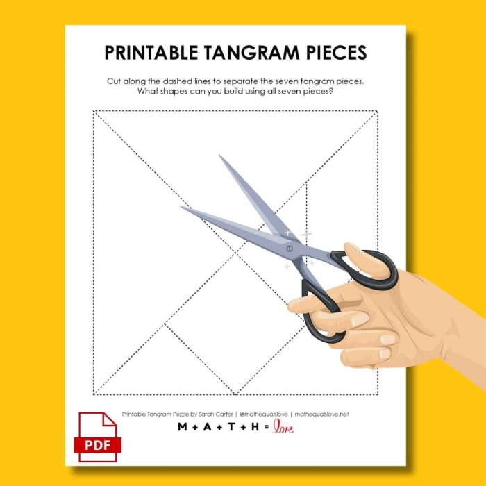 Kindergarten tangram template worksheet for coloring and learning fractions with shapes