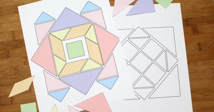 Kindergarten fractions worksheet featuring a colorful tangram template for shape puzzles