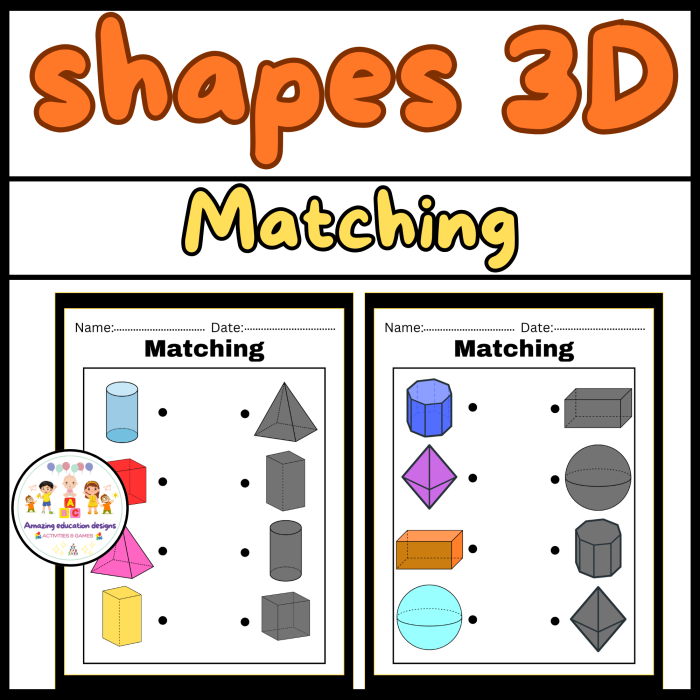 Kindergarten worksheet featuring 3D shapes to match and color for shape recognition
