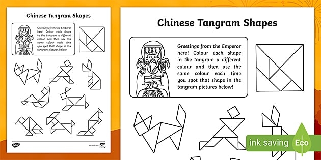 Kindergarten tangram worksheet for coloring and learning fractions with shapes